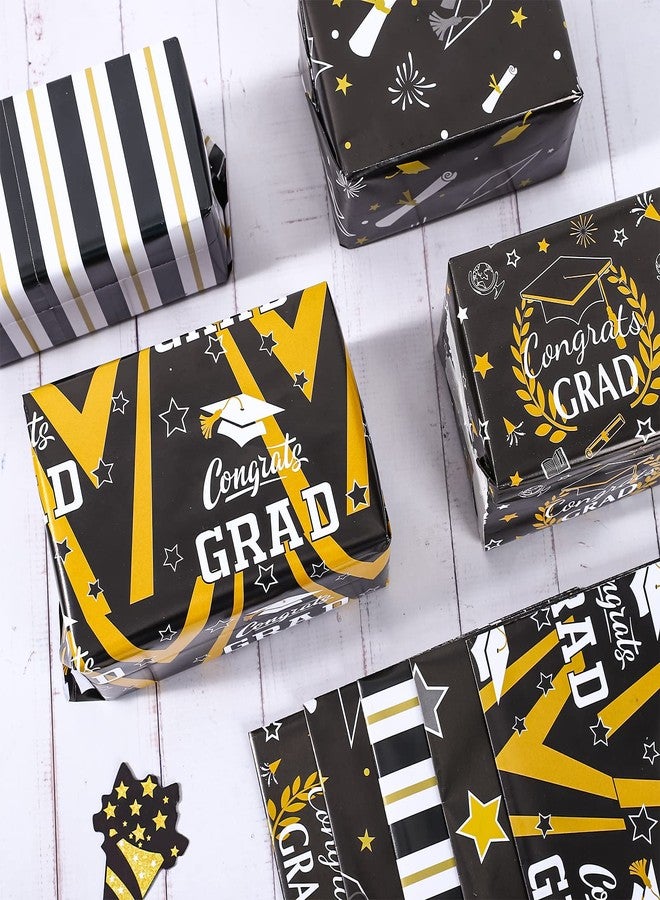 وولاين ورق تغليف هدايا التخرج من والين، ١٢ ورقة، ورق تغليف هدايا التخرج، ٥ تصاميم، أسود وذهبي، ورق فني مزخرف لحفلات التخرج الجامعية، أعمال يدوية، تغليف الهدايا، ١٩.٧ × ٢٧.٦ بوصة، مطوي بشكل مسطح - Image 4